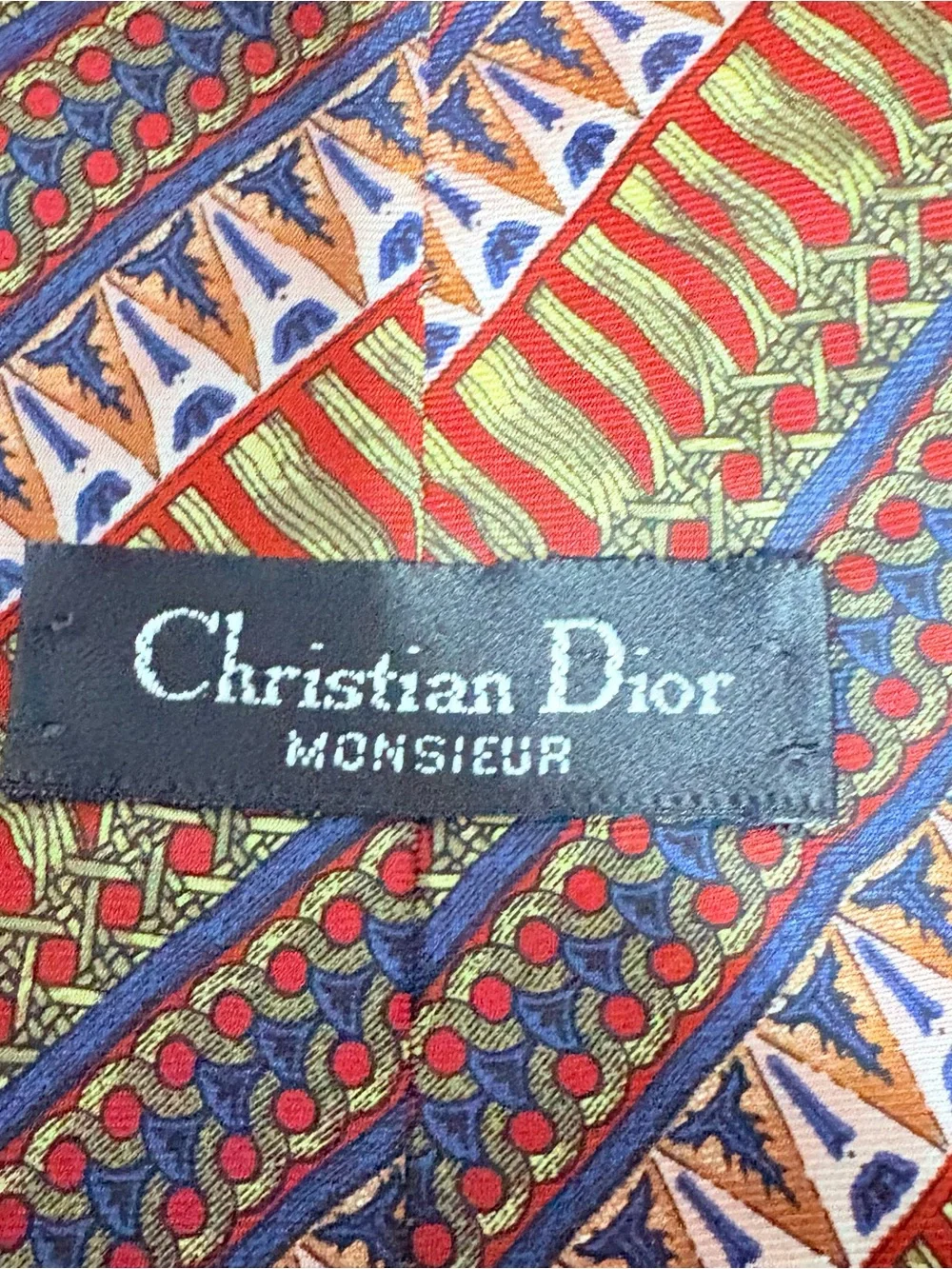 Vintage Christian Dior Monsieur Silk Tie Geometric Red Blue Gold 56 x 4